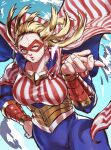  1girl absurdres american_flag american_flag_print blonde_hair blowing_kiss blue_bodysuit blue_eyes blue_sky bodysuit boku_no_hero_academia breasts bright_pupils cape cloud cowboy_shot domino_mask flag_print flying gauntlets gradient_sky hair_slicked_back hand_on_hip heart highres large_breasts lips long_hair looking_at_viewer mask murasaki_no_ryuuki muscular muscular_female nose one_eye_closed outline red_mask shiny shiny_clothes shiny_hair sky solo spandex star_(symbol) star_and_stripe_(boku_no_hero_academia) striped_bodysuit striped_cape superhero taut_clothes white_pupils wind 