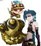  1boy 1girl absurdres arcane:_league_of_legends arcane_jinx arm_tattoo asymmetrical_bangs bangs bare_shoulders belt blitzcrank blue_hair braid breasts brown_belt closed_mouth cloud_tattoo crop_top fingerless_gloves flower frown gloves goggles goggles_on_head green_headwear highres jinx_(league_of_legends) league_of_legends long_hair looking_at_viewer medium_breasts navel pants robot ryu_(ryuwanshoy) simple_background stomach stomach_tattoo striped tattoo teemo twin_braids twintails white_background 