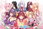  6+girls bare_shoulders bell black_hair blonde_hair blue_eyes breasts character_request copyright_request hair_bell hair_ornament hairclip headband highres holding ichihime jacket jantama_pong japanese_clothes large_breasts long_hair long_sleeves mahjong mahjong_soul mahjong_tile maid_headdress mery_(yangmalgage) multicolored_hair multiple_girls open_mouth orange_hair pink_hair red_eyes red_hair red_ribbon ribbon smile stuffed_toy white_hair wristband yellow_eyes 
