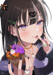  1girl bangs black_hair blush cat collarbone cupcake eating finger_in_own_mouth food ghost hair_between_eyes hair_ornament hairclip heart heart_in_eye highres jewelry looking_at_viewer nail_polish necklace original purple_eyes ring signature symbol_in_eye tsukana_(saba_mizore) 