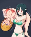  2girls absurdres bikini black_background blonde_hair bow breasts catfight cleavage green_bikini green_hair hair_bow highres large_breasts lifting_person looking_at_another love_live! love_live!_superstar!! messy_hair mifune_shioriko milliani motion_lines multiple_girls navel open_mouth purple_eyes red_bikini red_eyes shibuya_kanon short_hair simple_background stomach sweat swimsuit trembling wrestling 