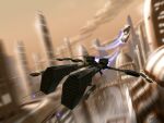  aircraft artist_name building city cloud cloudy_sky commentary day eve_online flying frigate_(eve_online) glowing highres krats military military_vehicle motion_blur no_humans outdoors photoshop_(medium) rifter_(eve_online) science_fiction sky skyscraper spacecraft 