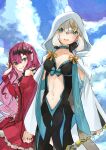  2girls blue_choker blue_eyes blush breasts cape choker clothing_cutout commentary_request cosplay dress fairy_knight_tristan_(fate) fate/grand_order fate_(series) gray_(fate) grey_hair hair_ornament highres holding_hands hood hooded_cape looking_at_viewer medium_breasts morgan_le_fay_(fate) morgan_le_fay_(fate)_(cosplay) multiple_girls nail_polish navel navel_cutout nemugiko pointy_ears purple_eyes purple_hair red_dress red_nails short_hair smile white_cape white_hood 