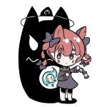  1girl animal_ears bow cat_ears chibi dress full_body hair_bow hitodama holding holding_lantern kaenbyou_rin kourihase lantern looking_to_the_side red_eyes red_hair shadow skull solo standing touhou whiskers 