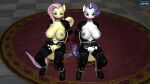  3d_(artwork) anthro ball_gag bdsm big_breasts blush bondage bound breasts chair chair_bondage clothing daveman1000 digital_media_(artwork) duo equid equine female fluttershy_(mlp) friendship_is_magic furniture gag genitals hasbro hi_res horn horn_jewelry horn_ring huge_breasts looking_at_viewer mammal my_little_pony nipples pegasus pussy rarity_(mlp) restraints ring_(jewelry) rope rope_bondage skinsuit tight_clothing torn_clothing unicorn wings 