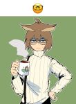  1girl absurdres arknights bags_under_eyes brown_eyes brown_hair closed_mouth commentary cup emoji english_commentary glasses green_background half-closed_eyes hand_on_hip highres holding holding_cup imitating long_sleeves looking_at_viewer mug nik_(slicknick_000) ribbed_sweater short_hair silence_(arknights) solo steam suspenders sweater turtleneck turtleneck_sweater two-tone_background white_background white_sweater 