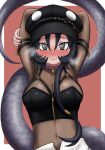  1girl @_@ adansosutega armband arms_behind_head arms_up black_eyes black_hair black_headwear black_mamba_(kemono_friends) blush bodystocking breasts choker cleavage closed_mouth crop_top embarrassed full-face_blush hair_between_eyes hat highres kemono_friends long_hair long_sleeves looking_at_viewer medium_breasts navel official_alternate_costume see-through side_ponytail snake_tail solo stomach tail upper_body very_long_hair wavy_mouth zipper zipper_pull_tab 