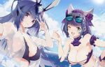  2girls :3 absurdres alternate_costume animal_ears arm_garter azur_lane bikini blue_eyes blue_innertube breasts cat_ears cheshire_(azur_lane) cheshire_(summery_date!)_(azur_lane) cleavage eyewear_on_head fake_animal_ears highres large_breasts long_hair looking_at_viewer multiple_girls new_jersey_(azur_lane) official_alternate_costume one_eye_closed open_clothes open_shirt purple_bikini purple_hair see-through see-through_shirt selfie short_sleeves skindentation strapless strapless_bikini summer sunglasses swimsuit upper_body v water xiaomoyuo 