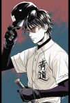  1boy ace_of_diamond baseball_bat baseball_helmet baseball_uniform black_gloves black_headwear egg_(cknlun) gloves headwear_removed helmet helmet_removed holding holding_baseball_bat male_focus miyuki_kazuya serious short_hair solo sportswear tinted_eyewear two-tone_background upper_body 