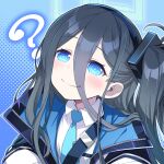  1girl ? arisu_(blue_archive) black_hair blue_archive blue_eyes blue_necktie blush closed_mouth collared_shirt hair_between_eyes hairband halo jacket long_hair nada_haruka necktie ringed_eyes shirt smile solo upper_body white_shirt 