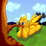  animal_humanoid anthro avian avian_humanoid bird blue_eyes breasts chocobo claws feathers female final_fantasy hi_res humanoid justahoot lying on_front simple_background solo square_enix video_games yellow_body 