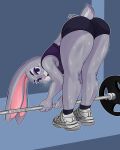  2022 absurd_res anthro athletic athletic_female big_butt bodily_fluids butt clothed clothing digital_media_(artwork) disney female fur grey_body grey_fur hi_res judy_hopps lagomorph leporid looking_at_viewer mammal pink_nose purple_eyes rabbit rodd.y simple_background solo sweat thick_thighs topwear wide_hips zootopia 