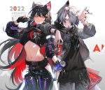  2girls ambience_synesthesia animal_ear_fluff animal_ears arknights belt black_belt black_gloves black_hair black_jacket black_pants black_shirt black_sports_bra bracelet character_name cigarette colored_inner_hair cross dated ear_piercing fang gloves grey_eyes grey_hair grey_jacket hair_between_eyes hair_ornament hair_over_one_eye hairclip highres hip_vent jacket jewelry lappland_(arknights) long_hair mawaru_kai midriff multicolored_hair multiple_girls navel orange_eyes pants partially_fingerless_gloves piercing red_hair shirt short_hair sports_bra streaked_hair tail texas_(arknights) very_long_hair wolf_ears wolf_girl wolf_tail 