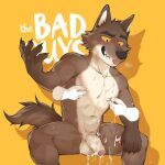  2022 5_fingers abs absurd_res anthro balls blush bodily_fluids brown_body brown_fur canid canine canis claws cum cum_inside disembodied_hand dreamworks fingers flunky fur genital_fluids genitals hi_res humanoid_genitalia humanoid_penis male mammal mr._wolf_(the_bad_guys) nude penis sitting solo the_bad_guys tongue tongue_out wolf yellow_sclera 