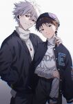  2boys absurdres blue_eyes brown_hair closed_mouth emu_(ain54971) hand_on_another&#039;s_shoulder highres ikari_shinji jacket jacket_on_shoulders long_sleeves looking_at_viewer multiple_boys nagisa_kaworu neon_genesis_evangelion open_mouth red_eyes smile turtleneck watch white_hair wristwatch 