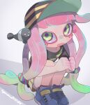  1girl absurdres bracelet clownfish colored_eyelashes green_eyes green_hair harmony&#039;s_clownfish_(splatoon) harmony_(splatoon) hat highres iguana1525881 jewelry multicolored_eyes multicolored_hair pink_hair purple_eyes shirt skirt splatoon_(series) splatoon_1 splatoon_3 tentacle_hair two-tone_hair yellow_skirt 