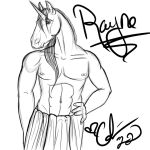  2022 abs anthro calima clothed clothing digital_media_(artwork) equid equine hand_on_hip horn looking_at_viewer male mammal navel nipples partially_clothed rayne_dal&#039;ren solo text unicorn 
