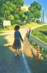  1girl black_hair blue_shirt blue_skirt child day female_child fjsmu highres looking_afar original outdoors pleated_skirt power_lines road road_sign scenery school_uniform shirt short_hair sign skirt sky solo traffic_cone tree uniform utility_pole walking 