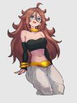  1girl ahoge android_21 black_sleeves blue_eyes bracelet breasts brown_hair choker cleavage detached_sleeves dragon_ball dragon_ball_fighterz glasses grey_background hair_between_eyes jewelry kemachiku long_hair looking_at_viewer majin_android_21 medium_breasts midriff navel open_mouth simple_background sitting smile solo yellow_choker 