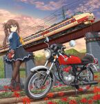  1girl absurdres arms_behind_back bangs black_pantyhose black_skirt blue_shirt boots bridge brown_footwear brown_hair bush cloud cloudy_sky dirt_road flower grass green_eyes ground_vehicle hair_ribbon headphones highres honda honda_ac15 japan_railways lamppost long_hair long_sleeves looking_back mikeran_(mikelan) motor_vehicle motorcycle mountain multicolored_ribbon neckerchief original outdoors pantyhose pleated_skirt ponytail power_lines railing ribbon road sailor_collar school_uniform serafuku shirt skirt sky solo sony spider_lily standing sunset train utility_pole walkman white_sailor_collar yellow_neckerchief 