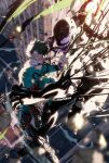  2boys black_skin black_whip_(boku_no_hero_academia) blank_eyes bloom blurry blurry_background blurry_foreground bodysuit boku_no_hero_academia city claws clenched_teeth closed_mouth colored_skin crossover debris eye_contact fighting film_grain freckles from_side full_body gloves glowing glowing_eyes green_bodysuit green_eyes green_hair highres long_tongue looking_at_another male_focus marvel midair midoriya_izuku monster multiple_boys myu060309 open_mouth outdoors road sharp_teeth short_hair sidelighting street symbiote teeth tongue twitter_username v-shaped_eyebrows venom_(marvel) very_long_tongue white_eyes white_gloves 