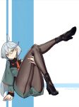  1girl ahoge asticassia_school_uniform black_pantyhose frown full_body grey_eyes grey_hair gundam gundam_suisei_no_majo highres legwear_under_shorts liliru long_hair looking_at_viewer miorine_rembran necktie pantyhose red_necktie school_uniform shorts simple_background sitting solo 