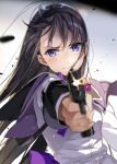  1girl aiming_at_viewer akemi_homura bangs black_hair blurry blurry_background blurry_foreground bow closed_mouth commentary_request depth_of_field eyebrows_visible_through_hair firing firing_at_viewer gun handgun highres holding holding_gun holding_weapon hoshii_hisa jacket long_hair long_sleeves mahou_shoujo_madoka_magica muzzle_flash outstretched_arm pistol purple_bow purple_eyes purple_sailor_collar sailor_collar simple_background solo upper_body v-shaped_eyebrows very_long_hair weapon white_background white_jacket 