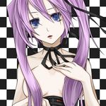  alternate_color bad_id bad_pixiv_id blue_eyes breasts checkered checkered_background choker hair_censor hair_over_breasts hand_on_own_chest hatsune_miku long_hair medium_breasts open_mouth purple_hair solo tomoesei_chuuya twintails vocaloid 
