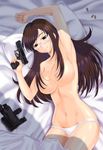  arm_up armpits bed_sheet blush breasts brown_eyes brown_hair bullet glasses glock groin gun hair_censor hair_over_breasts handgun holster large_breasts long_hair lying mole mole_under_eye navel on_back original panties pillow pistol shadow solo thighs tonbidou topless underwear underwear_only weapon white_panties 