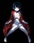  black_hair blue_eyes doll doll_joints flat_chest highres japanese_clothes kawata_hisashi kimono no_bra no_panties open_clothes open_kimono original short_hair sitting solo 