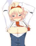  alice_margatroid arms_up blonde_hair blue_eyes blush breasts breasts_outside buttons face framed_breasts hairband hands large_breasts looking_away nipples open_clothes open_shirt shirt short_hair shy solo touhou upper_body uro 