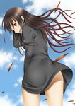  ass black_dress brown_eyes brown_hair cloud day dress from_behind highres leaf long_hair looking_back old-one open_mouth original skirt sky solo wind 