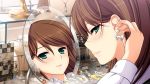  1girl brown_hair earrings female game_cg green_eyes hatsukoi_1/1 jewelry koizumi_amane mirror reflection solo tokizaki_maya 
