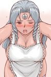  apron blush breasts brown_eyes cleavage dark_skin embarrassed huge_breasts lipstick long_hair makeup naked_apron one_eye_closed open_mouth os-tan screw sideboob silver_hair solo sweatdrop tsuda_nanafushi vista-tan vistake 