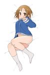  bad_id bad_pixiv_id blush brown_eyes brown_hair jacket k-on! lying messy_hair no_pants on_side open_mouth pantarou panties short_hair solo tainaka_ritsu track_jacket underwear white_panties 