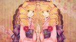  animal_ears asa_no_ha_(pattern) beads blonde_hair bonbori drill_hair flower fox_ears hair_ornament holding_hands hoozuki_(otome_youkai_zakuro) japanese_clothes kimono long_hair mashiro_(bee0hatimitu) multiple_girls obi otome_youkai_zakuro red_flower red_rose rose sash siblings sisters smile symmetrical_hand_pose twins yellow_eyes 