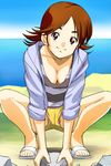  beach breasts brown_eyes brown_hair catherina cleavage day downblouse feet haruyama_kazunori hood hoodie medium_breasts ocean oldschool outdoors panties pantyshot pantyshot_(squatting) rock sandals shirt short_hair shorts sky sleeves_rolled_up smile solo spread_legs squatting striped striped_shirt tottoi underwear upshorts water white_panties 