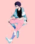  1boy artist_name black_hair black_shirt crescent crop_top full_body glasses highres invisible_chair katsuki_yuuri male_focus meyoco midriff navel pants pink_background pink_pants print_pants profile shirt shoes short_hair simple_background sitting solo wave_print waves white_footwear yuri!!!_on_ice 