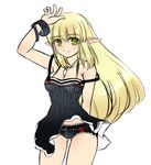  arm_up blonde_hair blush bracelet breasts cleavage dress elf elsword jewelry long_hair medium_breasts panties pinyshi pointy_ears rena_(elsword) smile solo underwear white_background yellow_eyes 