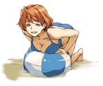  ball barefoot beachball bent_over bikini blue_bikini breast_press breasts cleavage face grey_eyes hair_ornament hairclip kneeling large_breasts minato_fumi my-hime orange_hair short_hair smile solo sweat swimsuit tokiha_mai 