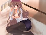  adjusting_eyewear alternate_costume bed bespectacled breasts brown_eyes contemporary glasses gradient_hair highres hijiri_byakuren large_breasts long_hair multicolored_hair nagatsuki_rio nipples open_clothes open_shirt panties panties_under_pantyhose pantyhose pantyshot pencil_skirt shirt skirt solo teacher touhou underwear white_panties white_shirt 