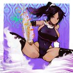  aco_(koaya_ako) black_hair black_legwear bleach breasts brown_eyes cameltoe dark_skin elbow_gloves gloves large_breasts legs leotard long_hair long_legs paint_splatter ponytail shihouin_yoruichi sideboob solo spread_legs thighhighs thighs 