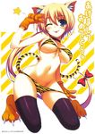  animal_ears animal_print bikini bikini_pull breasts cat_ears character_request covered_nipples front-tie_bikini front-tie_top gloves highres large_breasts one_eye_closed paw_gloves paw_shoes paws shoes solo swimsuit tail thighhighs tiger_print tiger_tail tomose_shunsaku toranoana underboob 