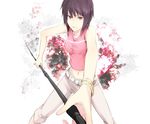  bad_id bad_pixiv_id belt brown_hair foreshortening itsuwa midriff minoru_(mnr_akgr) navel polearm purple_eyes short_hair solo spear to_aru_majutsu_no_index weapon 