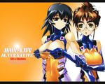  ayamine_kei black_hair bodysuit bou brown_hair english eyebrows glasses multiple_girls muvluv orange_bodysuit pilot_suit sakaki_chizuru 