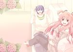  1girl alternate_costume angel_beats! bad_id bad_pixiv_id barefoot blue_eyes blue_hair casual chocho_(homelessfox) couch flower hair_ornament hair_ribbon hinata_(angel_beats!) long_hair lying on_back open_mouth pink_eyes pink_hair ribbon sitting smile twintails yui_(angel_beats!) 