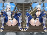  asuru_(armor) blue_eyes breasts cleavage earrings greaves gun jewelry large_breasts long_hair midriff monster_hunter monster_hunter_frontier multiple_girls panties rasukaru red_eyes short_hair silver_hair spread_legs sword thighhighs underwear weapon 