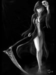  bad_id bad_pixiv_id barefoot breasts cleavage cloak death_(entity) greyscale grim_reaper grin honoji hood jewelry large_breasts mask monochrome navel necklace no_panties no_pussy nude original personification scythe skull smile solo 