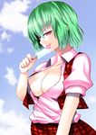  breasts cloud day food green_hair hane_(hanegoya) kazami_yuuka large_breasts licking open_clothes open_shirt plaid plaid_skirt plaid_vest popsicle red_eyes sexually_suggestive shirt short_hair skirt skirt_set sky slit_pupils solo touhou vest 