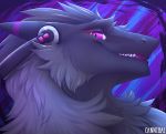  2019 abstract_background ambiguous_gender anthro black_fur cannibalistic_tendencies digital_media_(artwork) eye_scar fur head_tuft headphones headshot_portrait hi_res looking_at_viewer mammal neck_tuft open_mouth open_smile portrait purple_background purple_eyes purple_fur purple_stripes purple_tongue scar sergal sharp_teeth side_view signature simple_background slit_pupils smaller_version_at_source smile solo stripes teeth tuft xzaar 